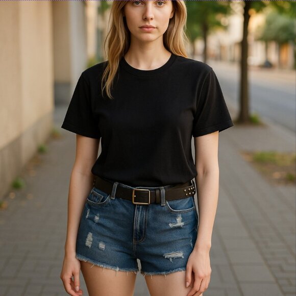 VINTAGE APT. 9 -- Short Shorts, Distressed Denim, Leather Stud Belt, Never Worn - Picture 2 of 14